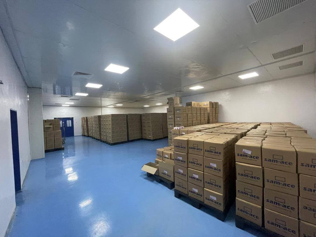 Organized warehouse storage of Sam-Ace product cartons