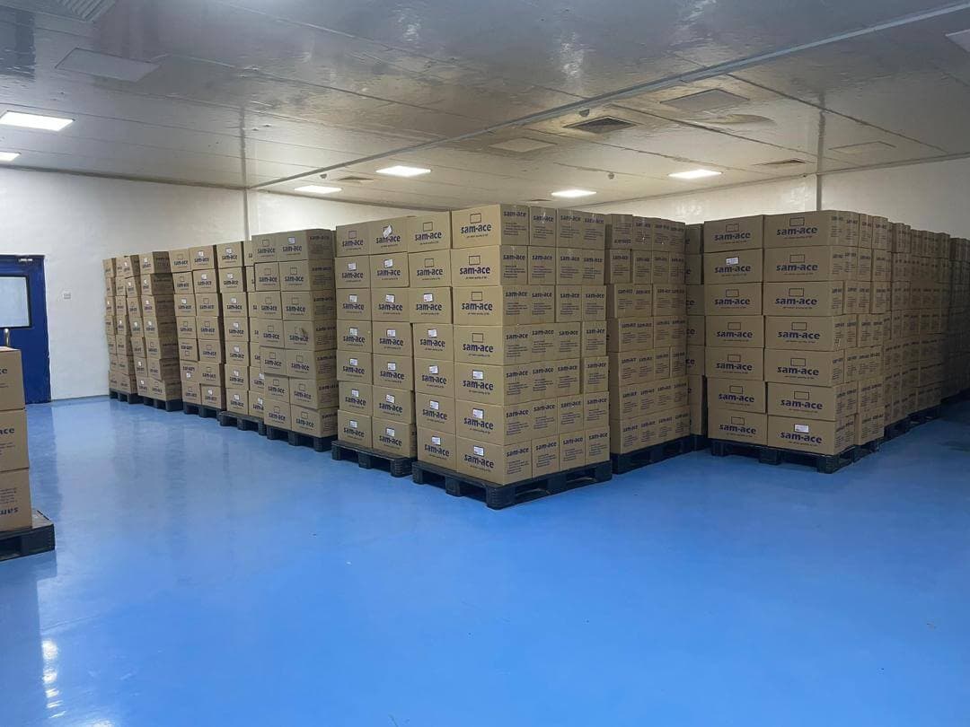 Sam-Ace finished products stored on pallets in the warehouse