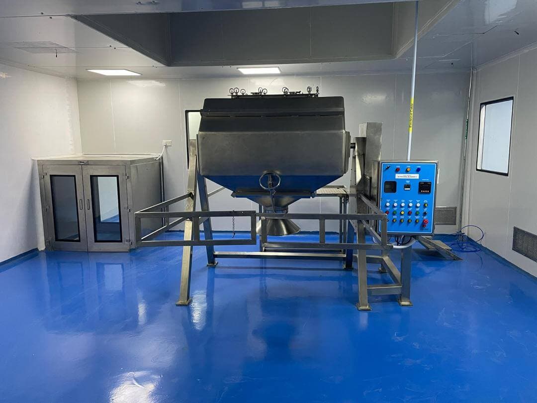 Stainless steel blending equipment in a clean manufacturing room